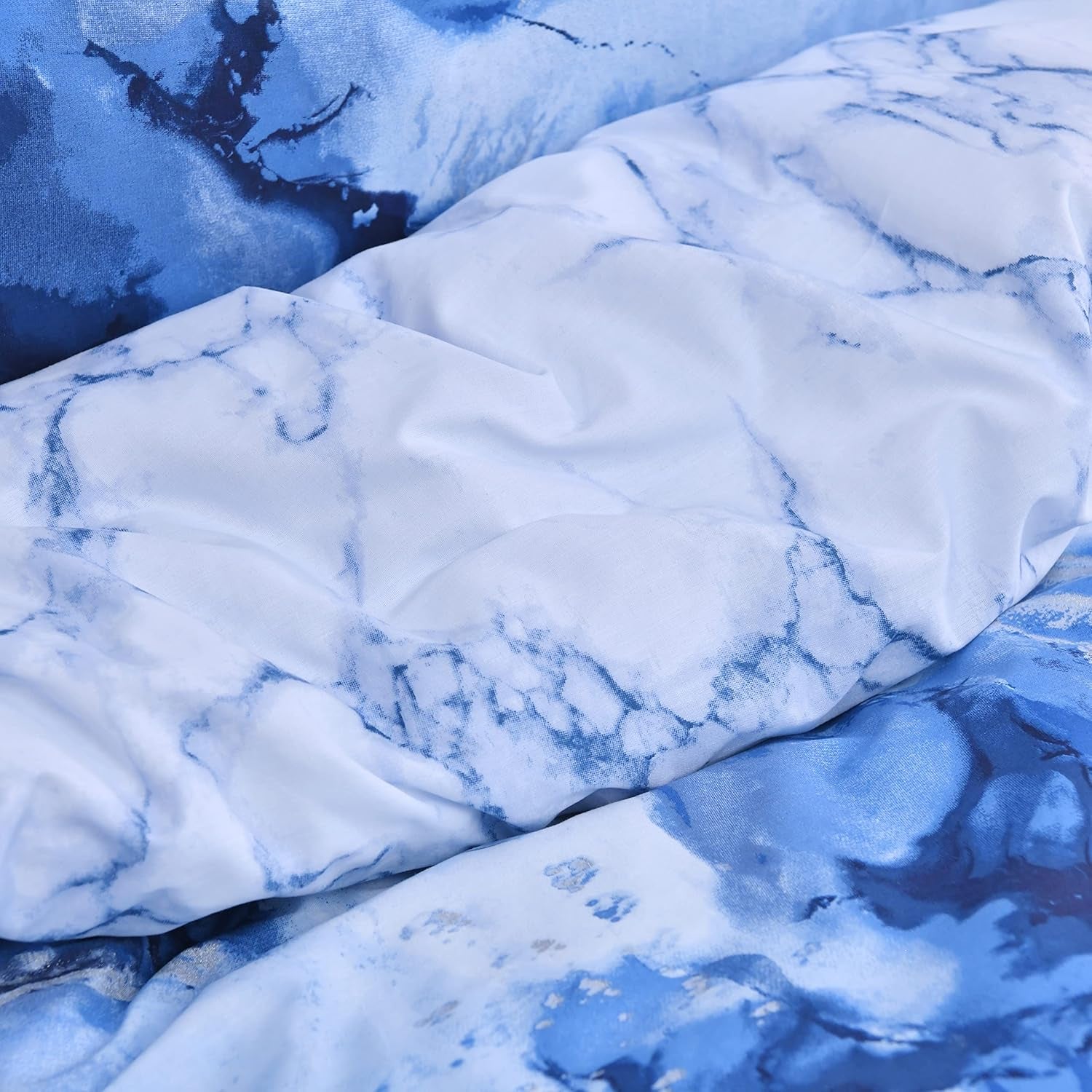 Metallic Marble Sparkle Glitz Blue Silver Reversible Soft Easy Care Duvet Cover Quilt Bedding Set with Pillowcase - Single (135Cm X 200Cm)
