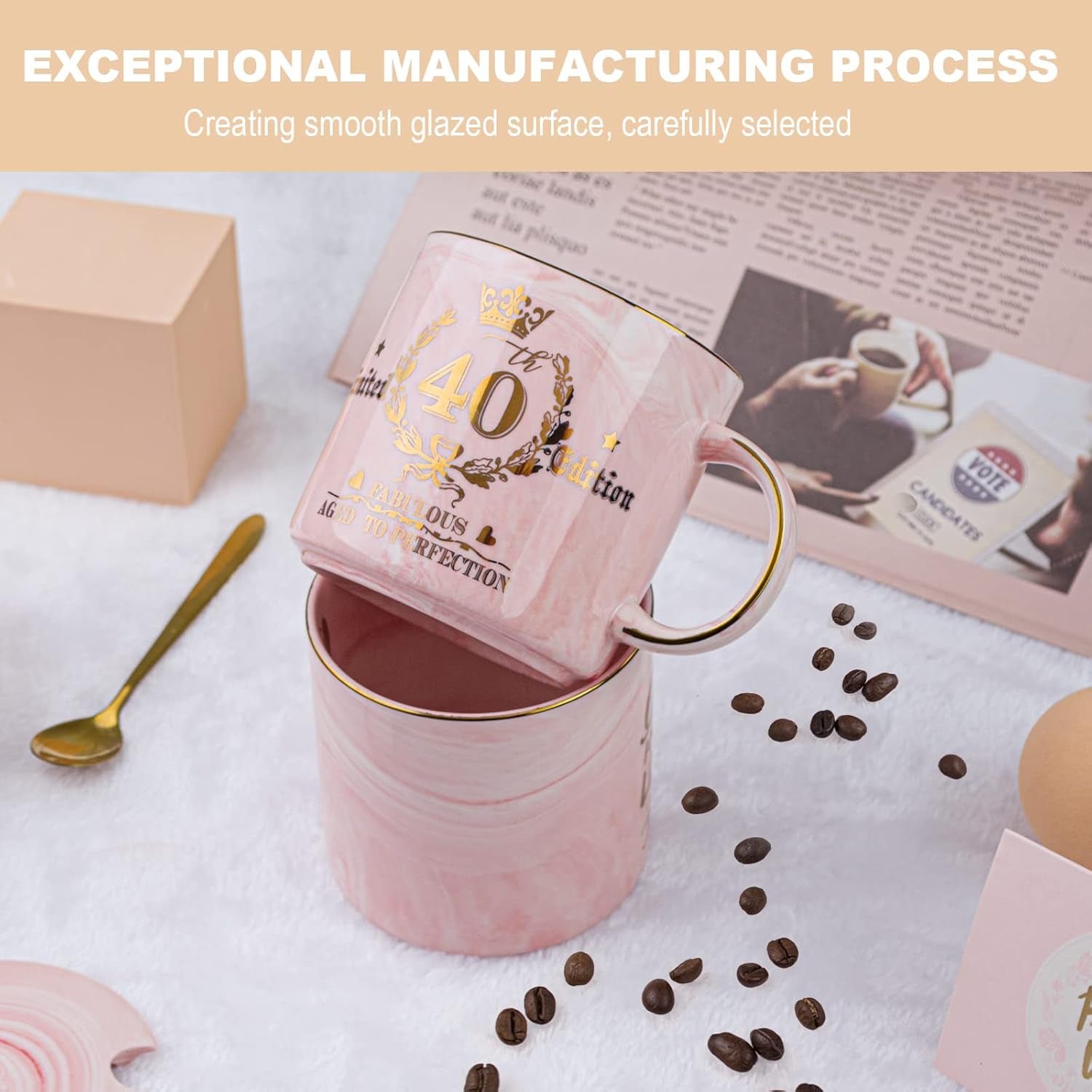 40Th Birthday Gifts for Women, Pink Birthday Gifts for Her, Aged to Perfection - Happy 40Th Birthday Mug Printed with Gold, 12Oz Ceramic Coffee Cup for 40Th Bday Women Friend, Wife, Sister, Gift Boxed