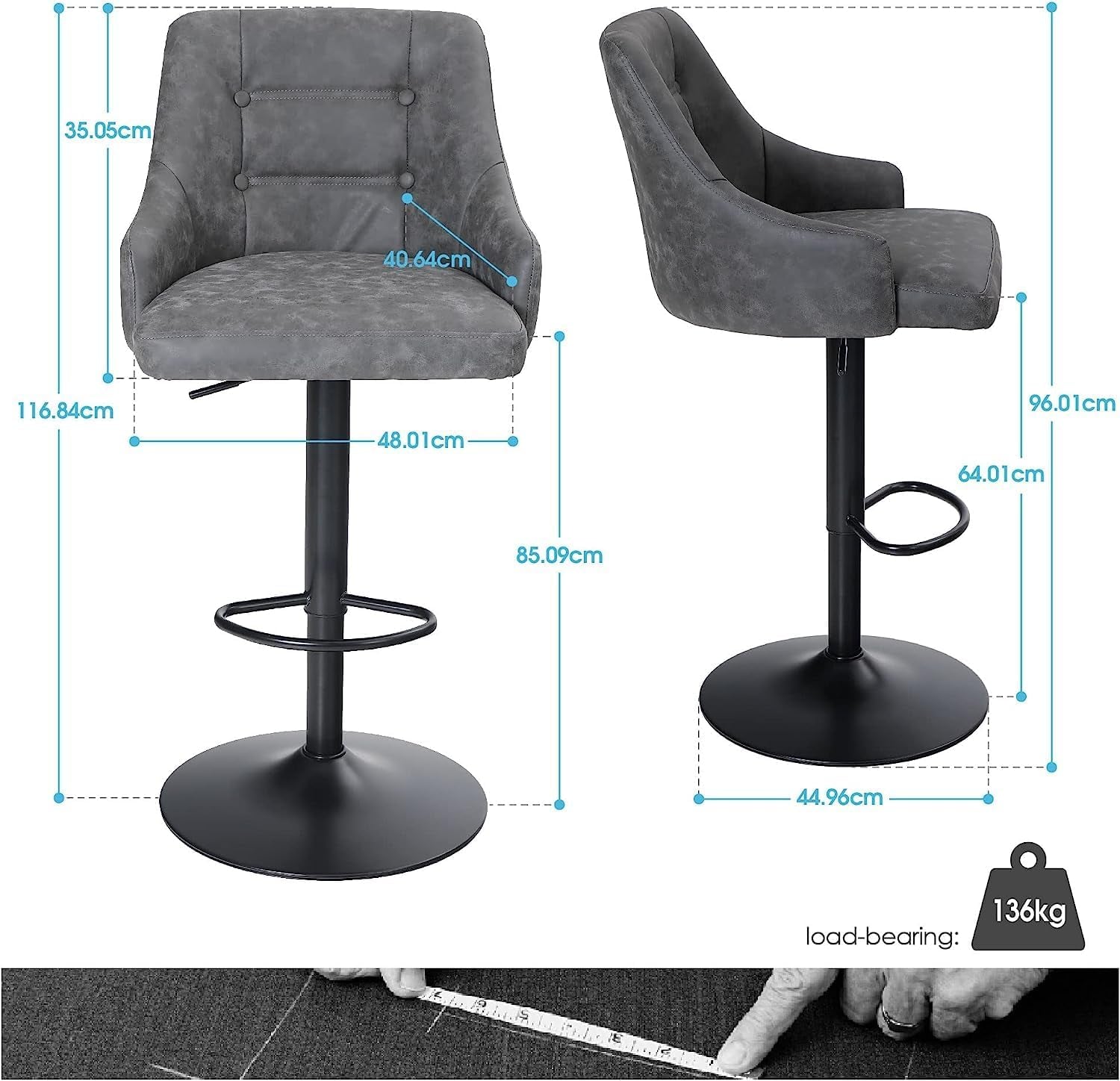 Height Adjustable Rotating Bar Stool, Bar Chair Counter Stool, PU Leather with Backrest and Footrest, Hugging Feeling Counter Stool for Kitchen, Cafe, Office