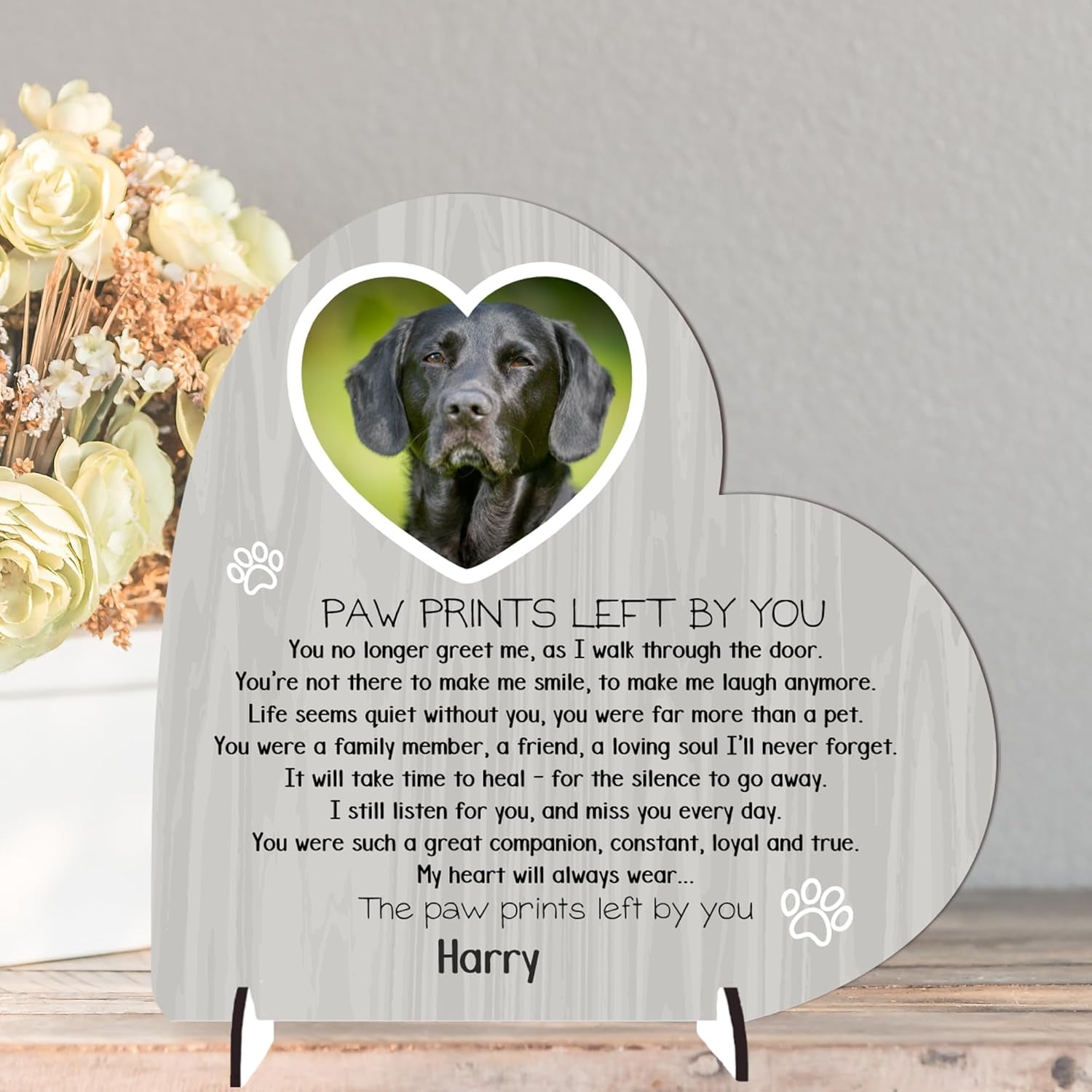 Personalised Pet Bereavement Plaque with Stands - Handcrafted Photo Memorial Decor from MDF Wood, Customisable Design, Mdf Wood Heart on Stands Uk-Made (Mdf Wood 13.5Cm X 13.5Cm, Grey Wood Effect)