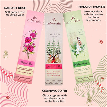 Happy Home Incense Sticks Multipack- (5 Variants) Charcoal Free, Made from Upcycled Flowers | Insense Cozy Warm Sticks like Vanilla Cake, Balsam Cedar, Rose & Cinnamon | Perfect Incense Gift Set