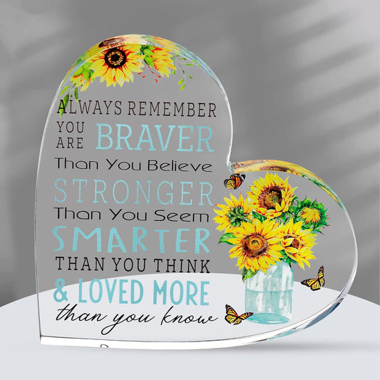 Motivational Gifts - Acrylic Hearts with Heartwarming Message - Inspirational Gifts for Women, Men Gifts - Home Office Desk Decor - Best Friends Gifts, New Job Gifts (Heart - Sunflower)