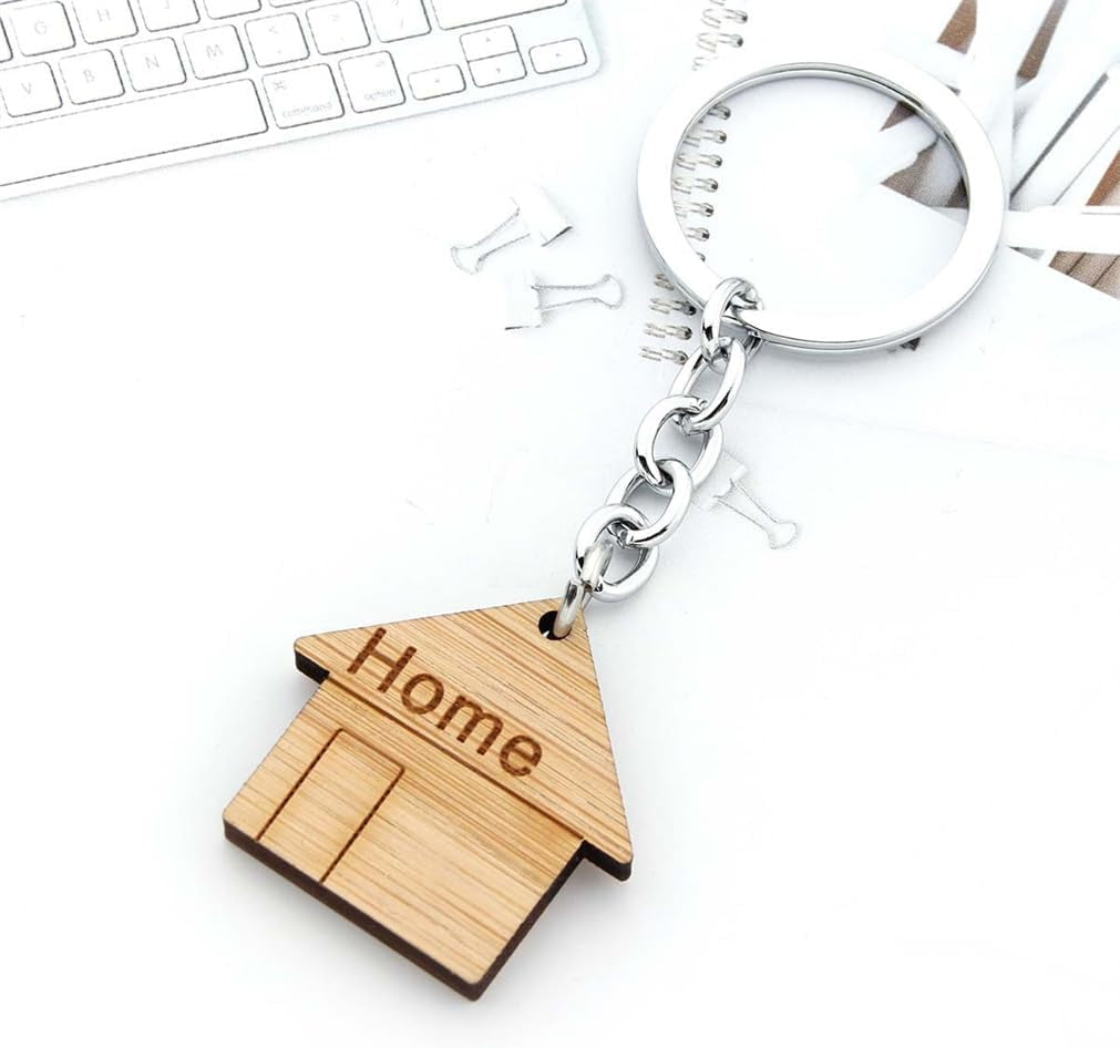 4 Pcs Wooden House Keychain Wooden Keychain Home Keyring Decoration Small House Shape Keychain Housewarming Gift Cute Home Keychain for Real Estate Gifts Home Clients Home Buyers Clients