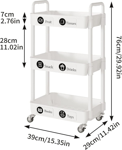 3-Tier Rolling Storage Cart with Lockable Casters, Beauty Trolly，Bathroom Trolley, Multifunctional Storage Trolley，White