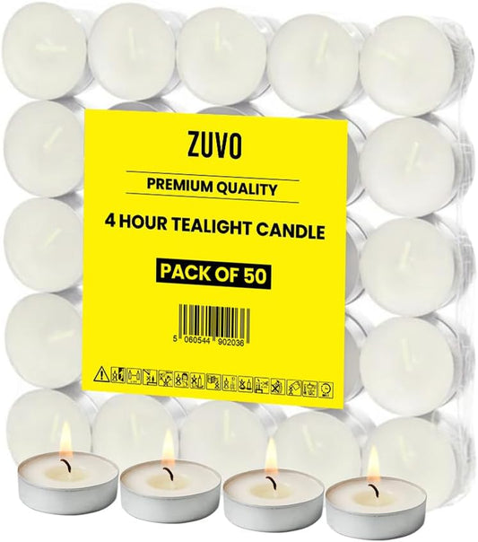 Tea Lights Candles 4-Hour Burn (50 Pack) - White T Lights - Unscented 3.8 X 2.3 Cm - 4Hr -