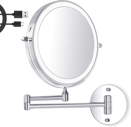 8 Inch Wall Mounted Makeup Mirror USB Rechargeable LED 3 Color Lights Two Sided 1X/10X Magnifying Mirror Touch Switch Intelligent Shutdown 360° Vanity Mirror for Bathroom Hotel(Silver)