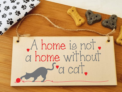 Handmade Wooden Hanging Wall Plaque Not a Home without a Cat Pet Lover Cat Mum Dad Sign