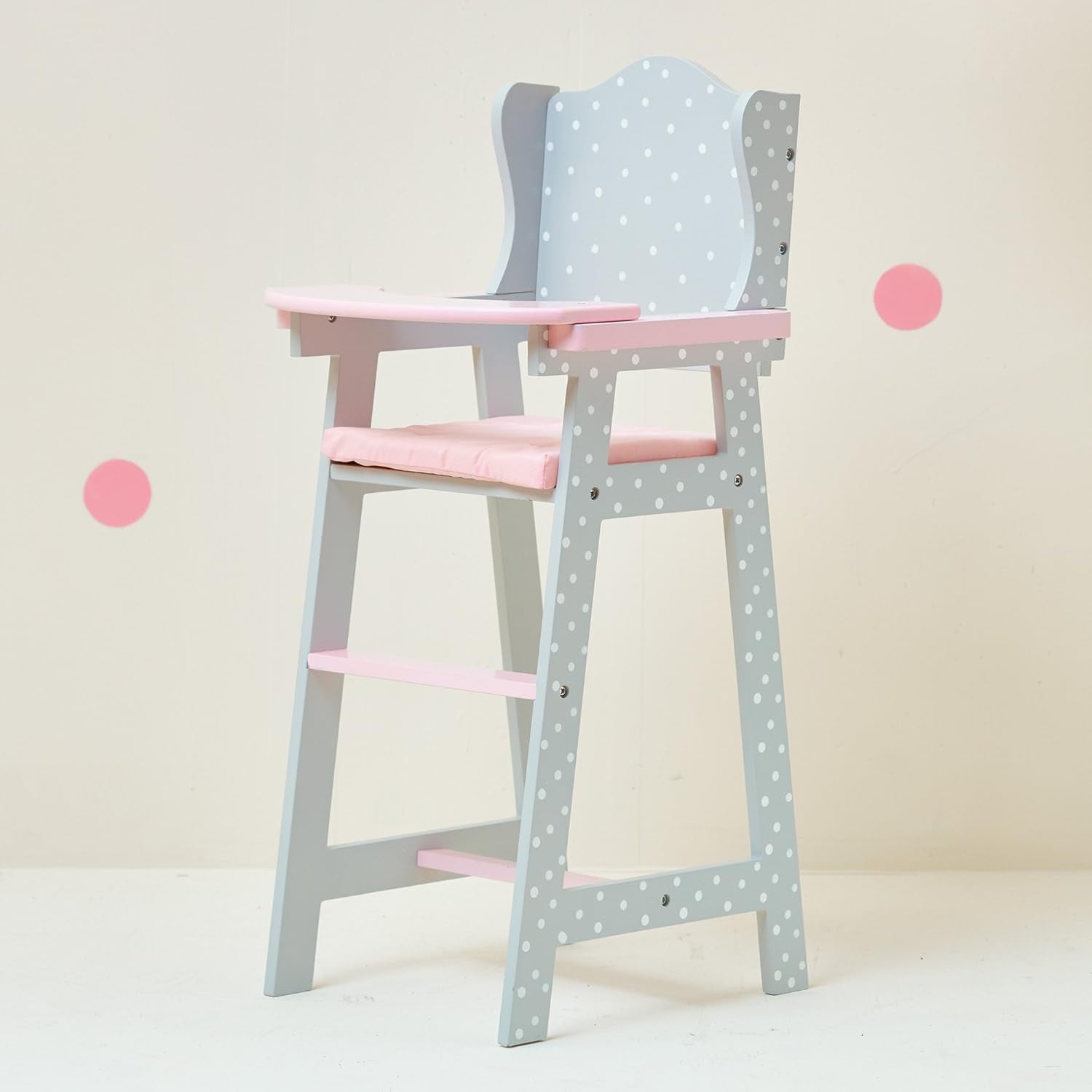 Little Princess Grey Polka Dot Wooden Baby Doll High Chair Doll Furniture Baby Doll Accessories TD-0098AG