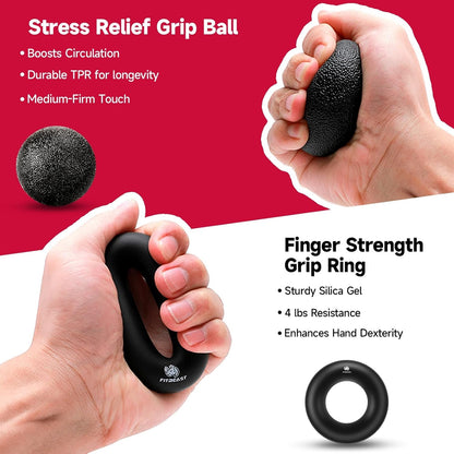 Hand Grip Strengthener Workout Kit (5 Pack), 2 Forearm Grip Adjustable Resistance Hand Gripper, Finger Stretcher, Grip Ring & Stress Relief Grip Ball for Athletes