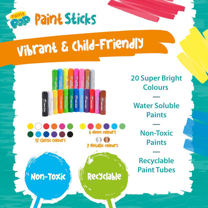 Paint Sticks for Kids - 20 Pack Assorted Colours & Fun Storage Tub - Twist & Paint, Mess-Free, Fast Drying Action, Easy Clean Up, Vibrant Colours, Multi-Surface