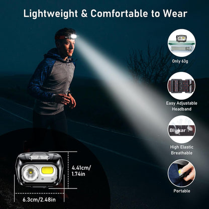 Head Torch Rechargeable, 2 Pack 2000L Super Bright Headlamp Headlight with 8 Light Modes, Spotlight Floodlight Combination, Sensor Control, Waterproof, Long Battery Life for Running,Camping
