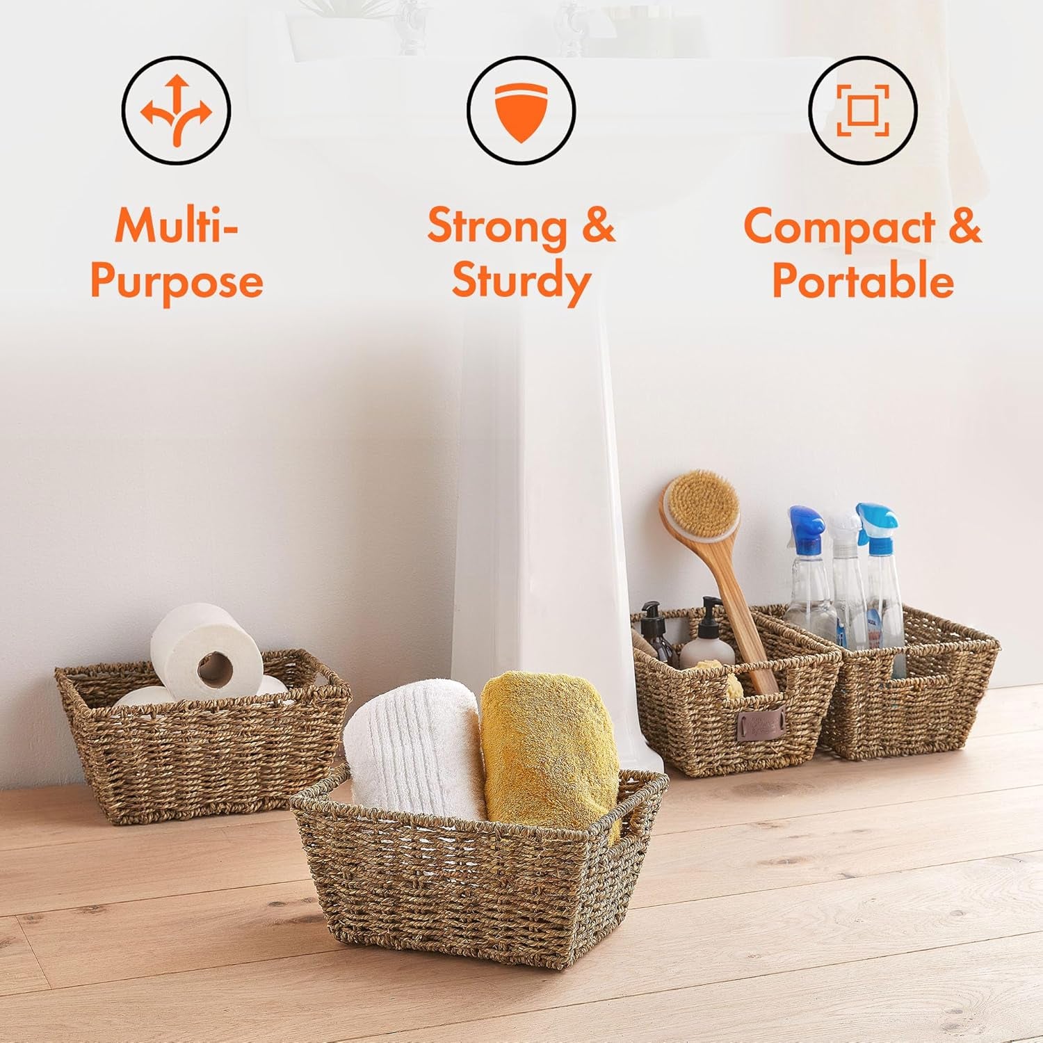 Seagrass Storage Baskets, Set of 4 Hand-Woven Display Hampers - Bathroom Storage Baskets for Shelves - Nesting Natural Wicker Seagrass Baskets for Storage W/Handles for Bedroom & Home Office