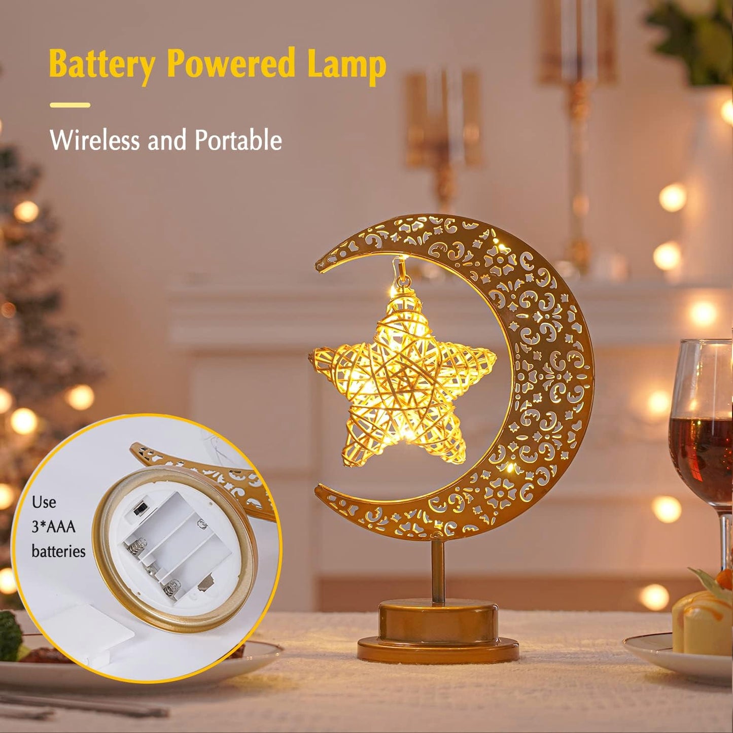 Ramadan Lights, Eid Decorations, Moon Table Lamp, Ramadan Decorations for Home, Eid Gifts for Kids, Family, Battery Operated Moon Lamp, Retro Metal Ramadan Moon Star Lights, Eid Mubarak Decorations