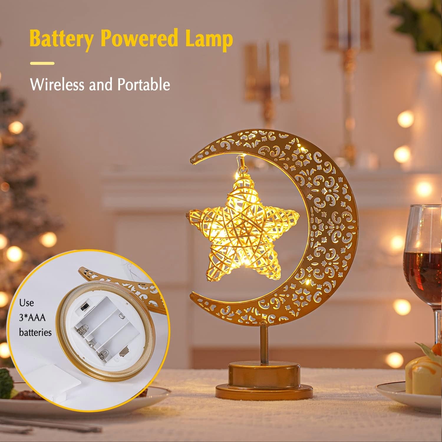 Ramadan Lights, Eid Decorations, Moon Table Lamp, Ramadan Decorations for Home, Eid Gifts for Kids, Family, Battery Operated Moon Lamp, Retro Metal Ramadan Moon Star Lights, Eid Mubarak Decorations