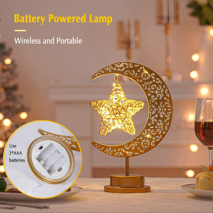 Ramadan Lights, Eid Decorations, Moon Table Lamp, Ramadan Decorations for Home, Eid Gifts for Kids, Family, Battery Operated Moon Lamp, Retro Metal Ramadan Moon Star Lights, Eid Mubarak Decorations