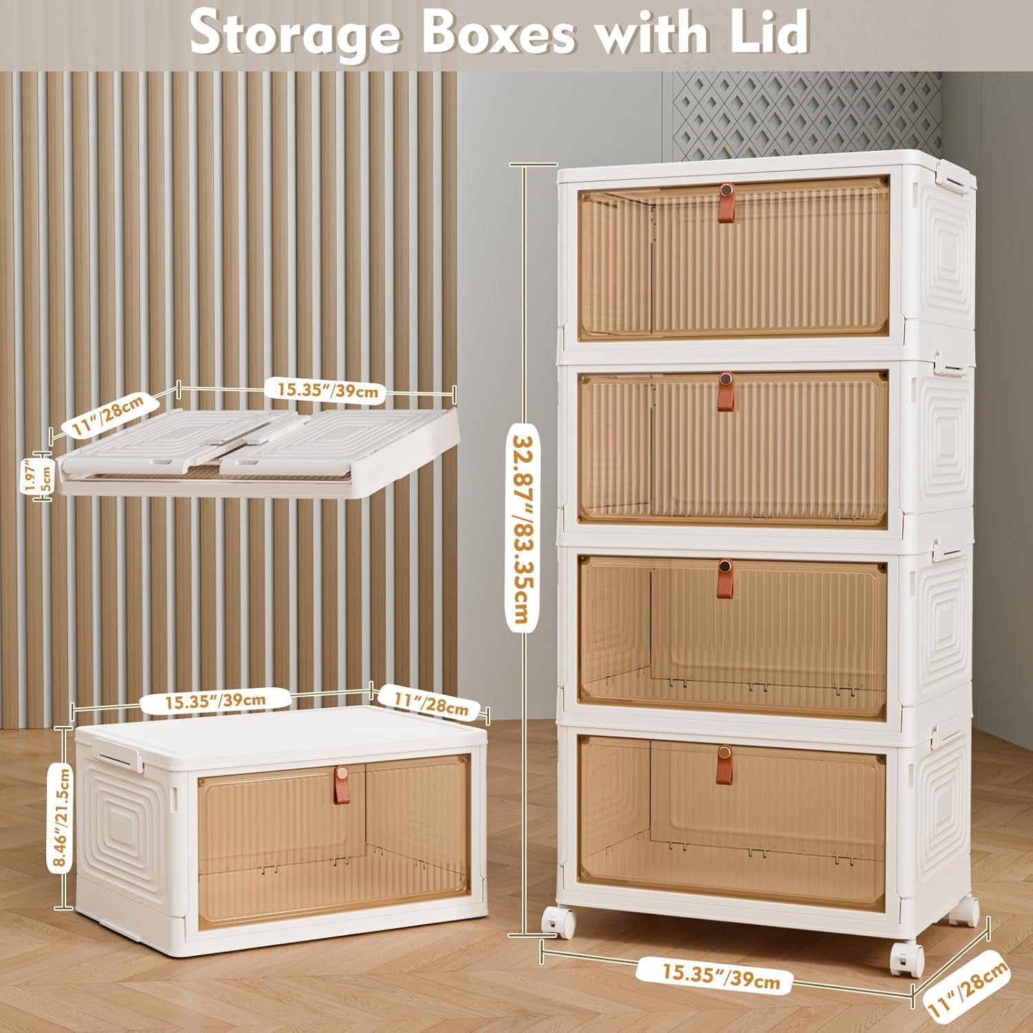Storage Boxes with Lids, Bathroom Storage, Plastic Storage Boxes with 1 Lid, 4-Tier Stackable Storage Boxes with Wheels, Clothes Storage, Organizer for Bedroom Living Room Study Office