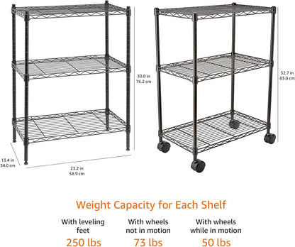 3-Shelf Narrow Storage Unit on Wheels with Height Adjustable Shelves and Levelling Feet, 340 Kg Max Weight, Black, 34 Cm D X 58.9 Cm W X 83.2 Cm H