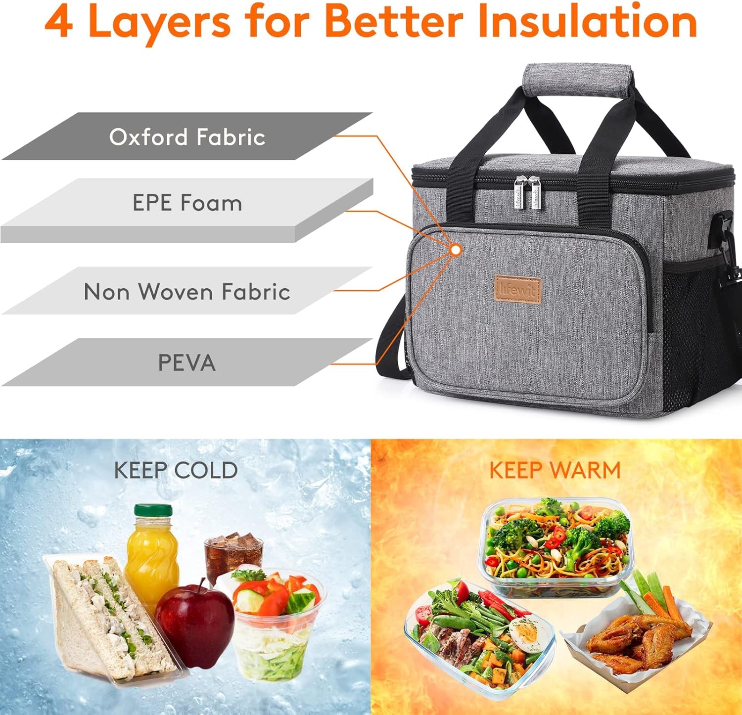 15L (24 Cans) Insulated Lunch Bag, Cooler Bag for Lunch/Work/School/Beach/Picnic (Grey)