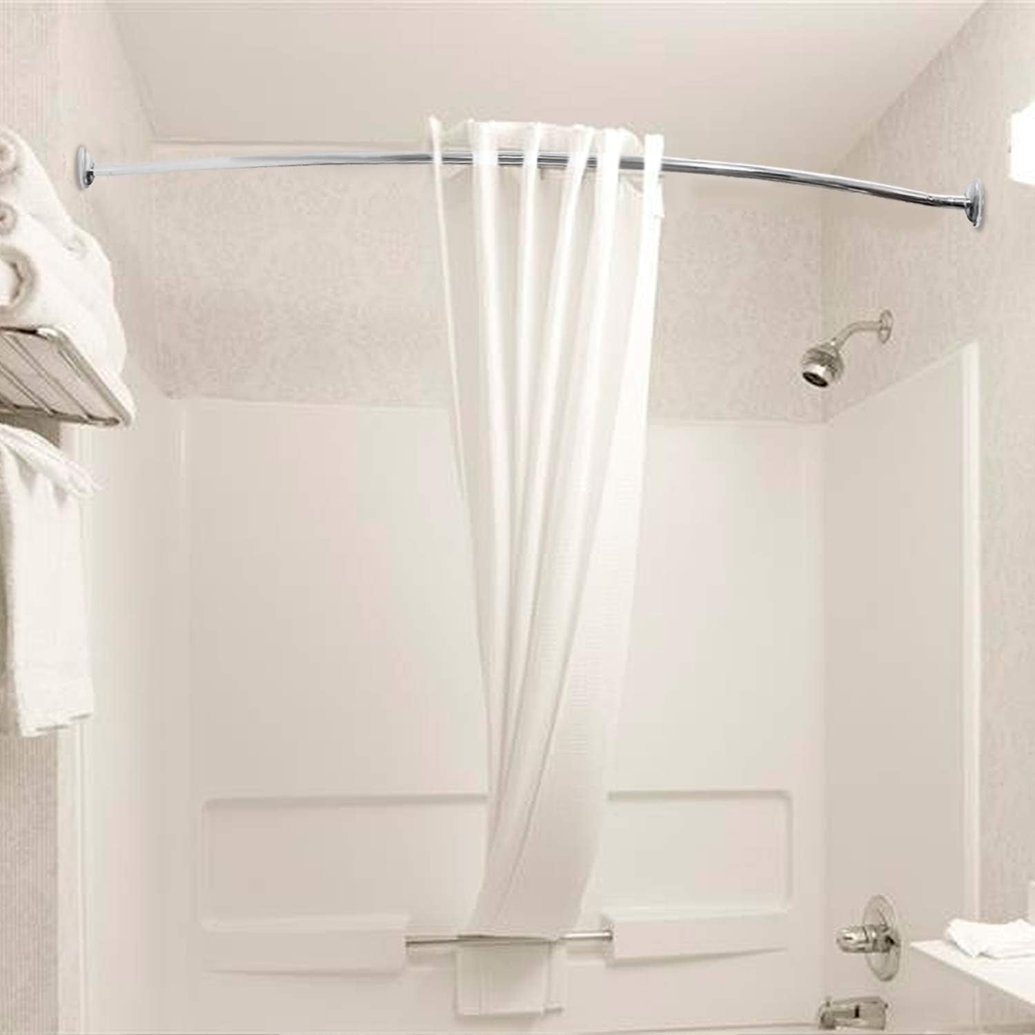 Curved Shower Rod Stainless Steel Adjustable 112-180Cm, Telescopic Shower Curtain Pole Extensible Shower Rail Including Fittings (Chrome)