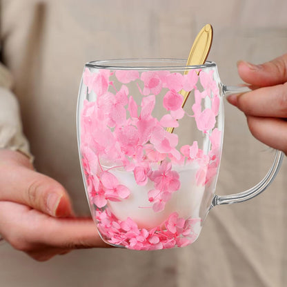 Gifts for Women Dried Flowers Double Wall Glass Coffee Mugs Cute Glass Tea Cups with Handles Autumn Mug Christmas Birthday Gifts for Best Friend Teacher Mum Gifts New Home Gift Ideas Home Decor