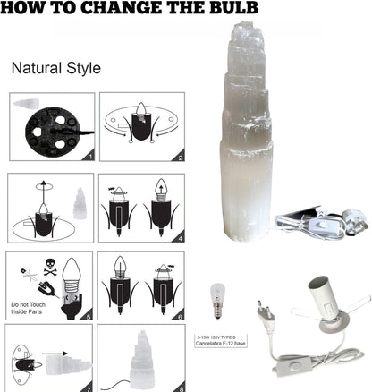 Pure Selenite Crystal Rock USB Mountain Tower LED Lamp Handcrafted Multi-Colour Wooden Base Meditation Healing Energy Mineral Gift Home Decoration Lamp (20Cm)