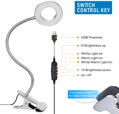 USB LED Desk Lamp Clip on Reading Light, 3 Light Mode 10 Dimmable Brightness Eye Caring Book Light, Bedside Lamp with Flexible Neck, Adjustable Perfect for Studying、Working （Silver）
