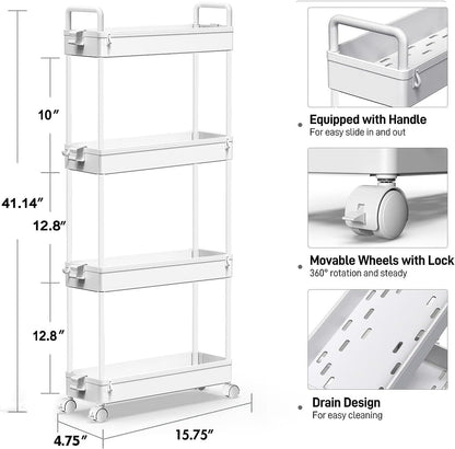 4-Tier Storage Trolley Cart Slide-Out Slim Rolling Utility Cart Mobile Storage Shelving Organizer for Kitchen, Bathroom, Laundry Room, Bedroom, Narrow Places, Plastic, White