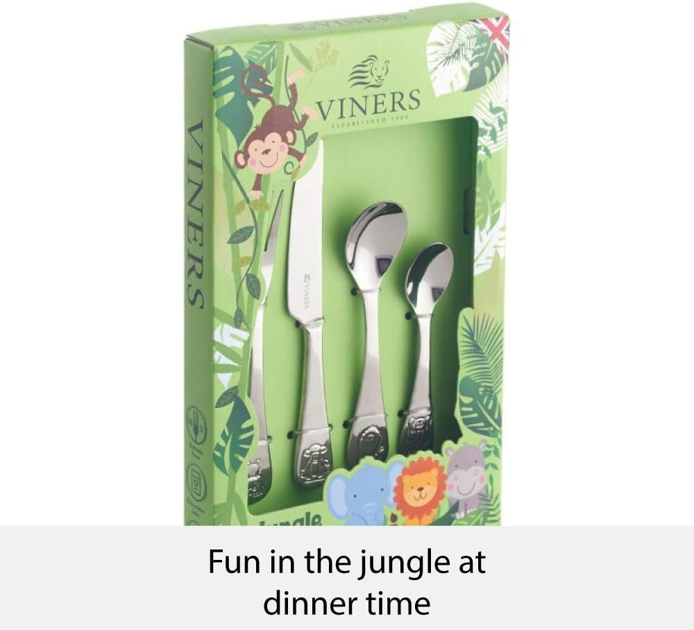 Jungle Kids Cutlery Set | Children’S Mirror Polished Flatware Gift Box with 25 Year Guarantee | for Ages 1-5 | 18/0 Stainless Steel, 4 Piece