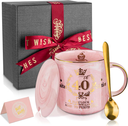 40Th Birthday Gifts for Women, Pink Birthday Gifts for Her, Aged to Perfection - Happy 40Th Birthday Mug Printed with Gold, 12Oz Ceramic Coffee Cup for 40Th Bday Women Friend, Wife, Sister, Gift Boxed