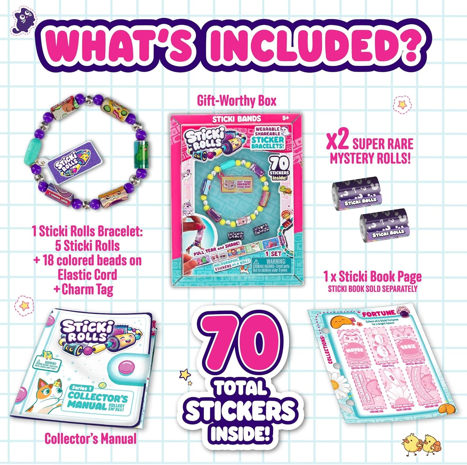 Sticki Rolls Sticki Bands, Wearable & Shareable Sticker Bracelet, 70 Mini Stickers, Assorted Colours and Styles, Packaging May Vary