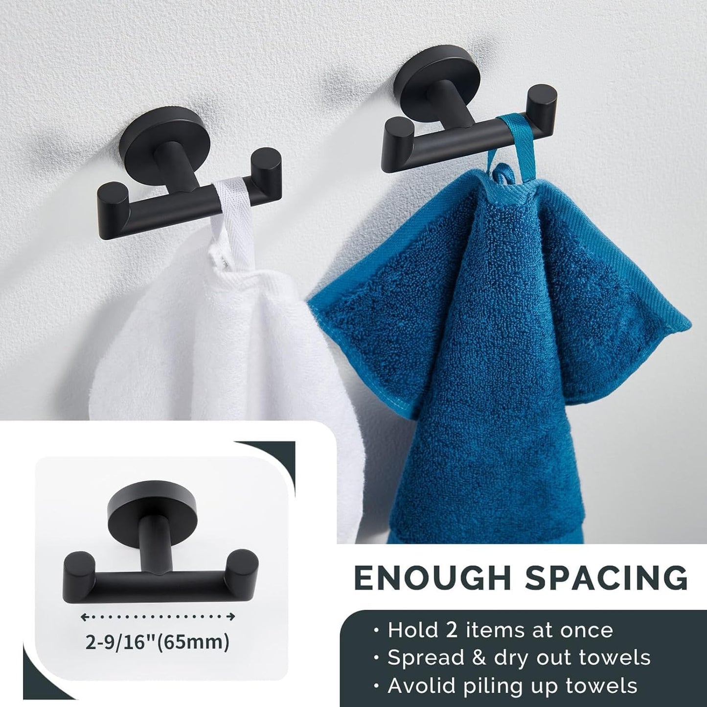 Double Door Hooks for Bathrooms, Matte Black Hooks for Kitchen Bathroom, SUS304 Stainless Steel Coat Hook, Heavy Duty Towels Holder for Hanging Towel, Coats,Sponges, Clothes, Wall Mount, 2 Packs