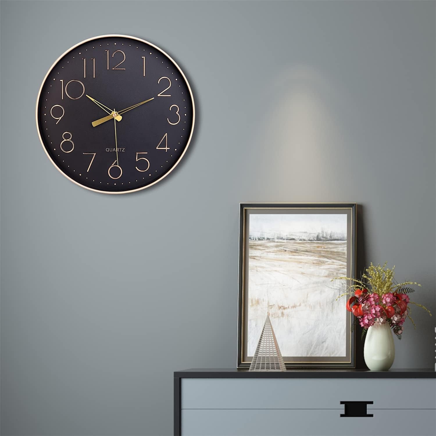 Black Wall Clock 12" Silent Non Ticking Arabic Numeral Clock round Decorative Wall Clock for Living Room, Bedroom, Kitchen (Battery Not Included) Gold Numbers