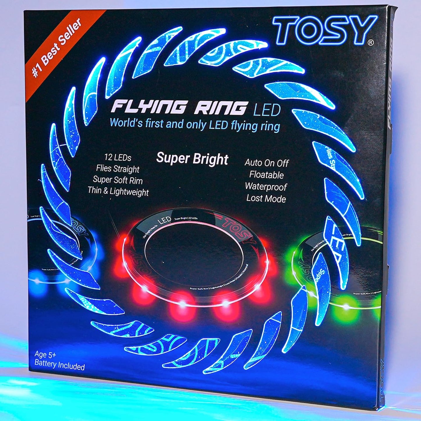 Flying Ring - 12 Leds, Super Bright, Very Soft & Phosphorescent Rim, Auto Light Up, Safe, Waterproof, Lightweight Frisbee, Cool Fun Christmas & Outdoor/Indoor Gift Toy for Boys/Girls/Kids