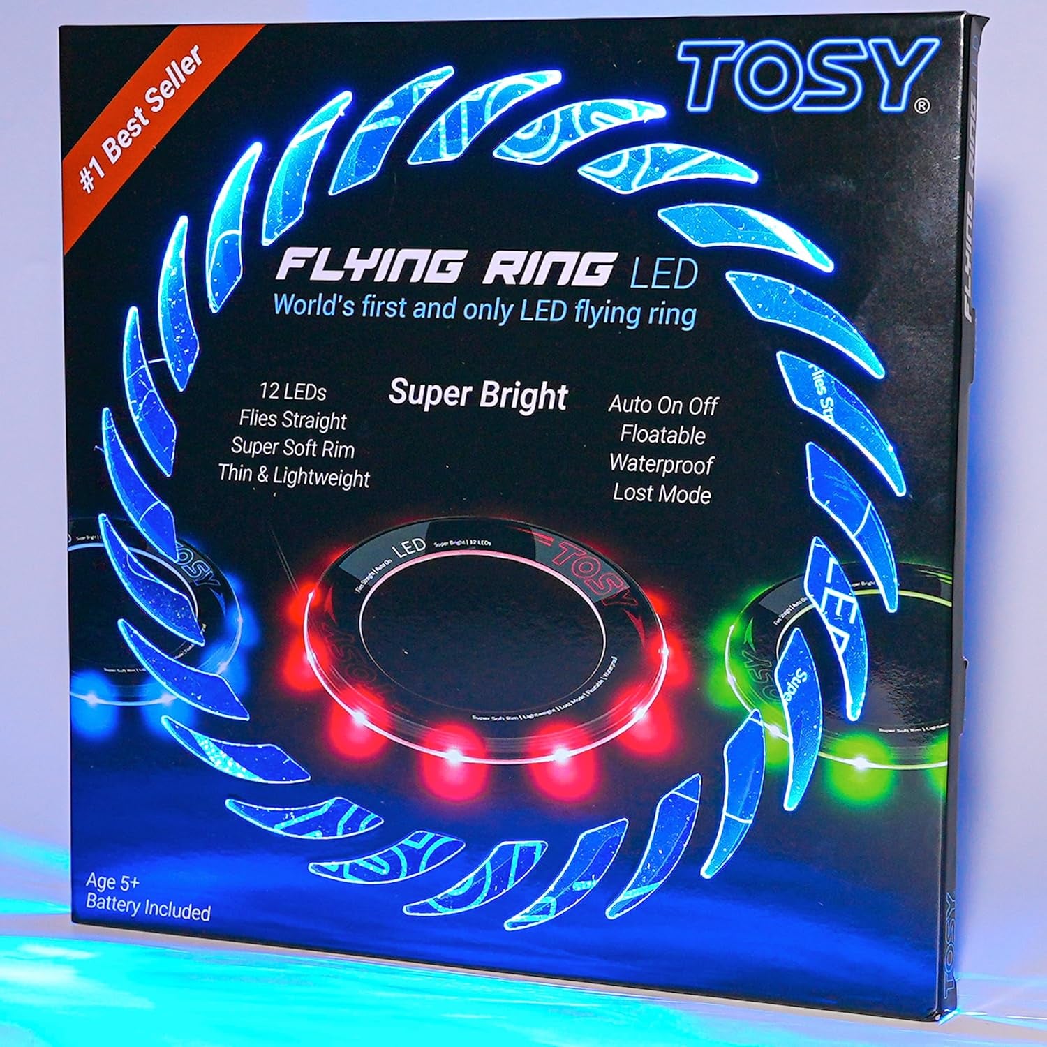 Flying Ring - 12 Leds, Super Bright, Very Soft & Phosphorescent Rim, Auto Light Up, Safe, Waterproof, Lightweight Frisbee, Cool Fun Christmas & Outdoor/Indoor Gift Toy for Boys/Girls/Kids