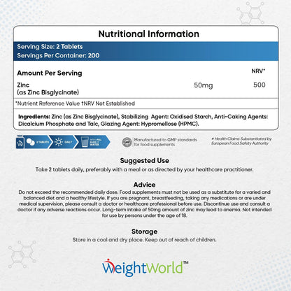 High Strength Zinc Tablets 50Mg – 400 Vegan Zinc Bisglycinate Tablets 6+ Months Supply – High Absorption Zinc Supplements for Skin, Hair and Nail - Immunity Supplements for Men & Women