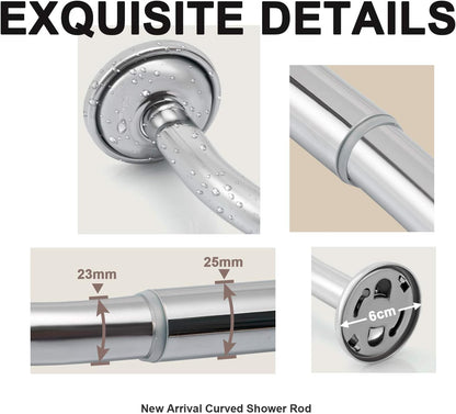 Curved Shower Rod Stainless Steel Adjustable 112-180Cm, Telescopic Shower Curtain Pole Extensible Shower Rail Including Fittings (Chrome)