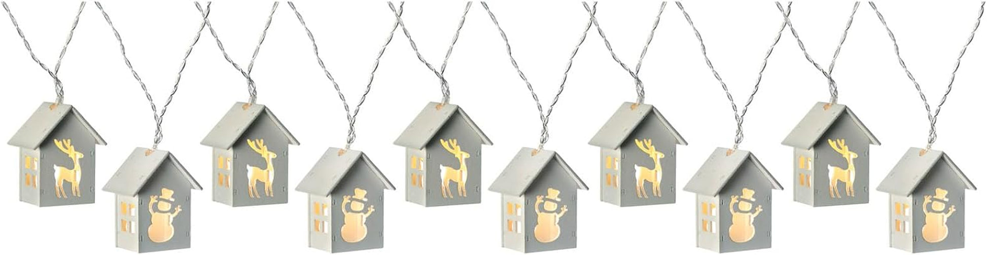 Reindeer and Snowman Wooden House Light String with 10-LED - White