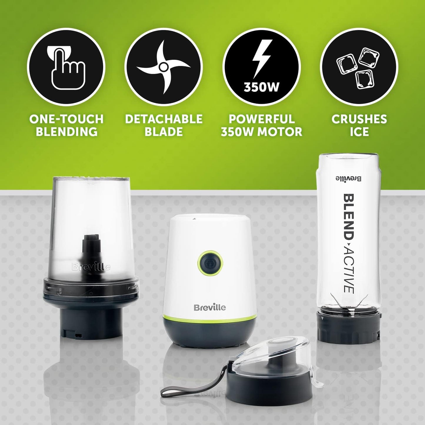 Blend Active Compact Food Processor and Smoothie Maker | 350W | Processor Bowl (450Ml) & Portable Blending Bottle (600Ml) | Leak Proof Lid | White & Green [VBL253]