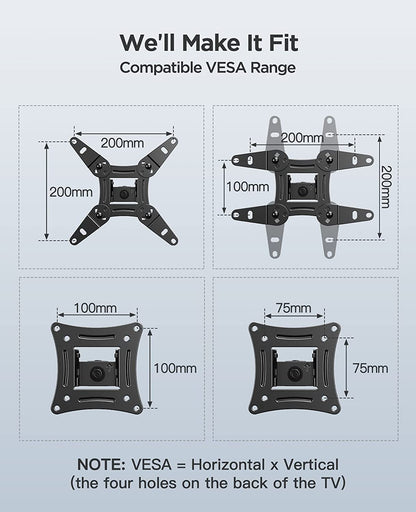 TV Wall Bracket for 13-42 Inch Tvs, Swivels Tilts TV Wall Mount for Flat & Curved TV，VESA 75X75Mm to 200X200Mm up to 20Kg