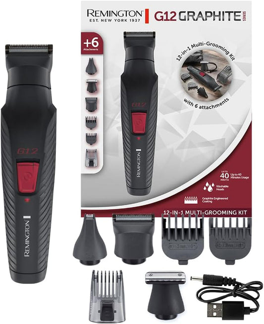Hair Clipper Men [12-In-1 Kit with 6 Attachments, Body, Beard & Hair Trimmer, Nose Ear & Eyebrow Trimmer] G12 (Graphite Engineered Coating, Self-Sharpening Blades, USB Rechargeable) PG2120