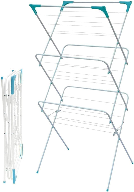 3 Tier Folding Clothes Airer - for Laundry, Indoor and Outdoor | Non-Slip Feet & Corner Spaces for Hangers | Home Storage - Foldable Drying Rack, Lightweight, Space Saving Washing Line