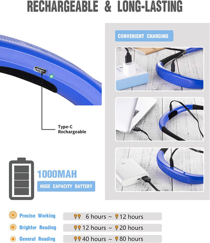 LED Neck Reading Light, Book Light for Reading in Bed, 3 Colors, 6 Brightness Levels, Bendable Arms, Rechargeable, Long Lasting, Perfect for Reading, Knitting, Camping, Repairing
