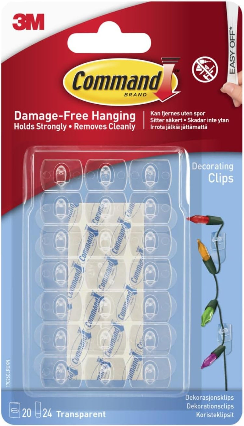 Decorating Clips, Pack of 20 Mini Hooks and 24 Small Strips, Transparent - Hanging Clips for Decorations and Fairy Lights, Wall Adhesive - Damage Free