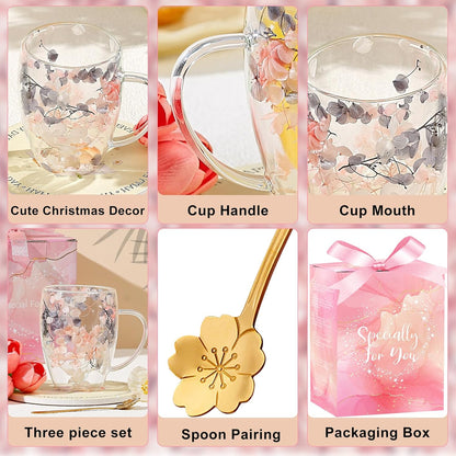 Gifts for Women Dried Flowers Double Wall Glass Coffee Mugs Cute Glass Tea Cups with Handles Christmas Birthday Gifts for Best Friend Teacher Mum Gifts Ideas Autumn Mug Home Decor(Grey+Pink)