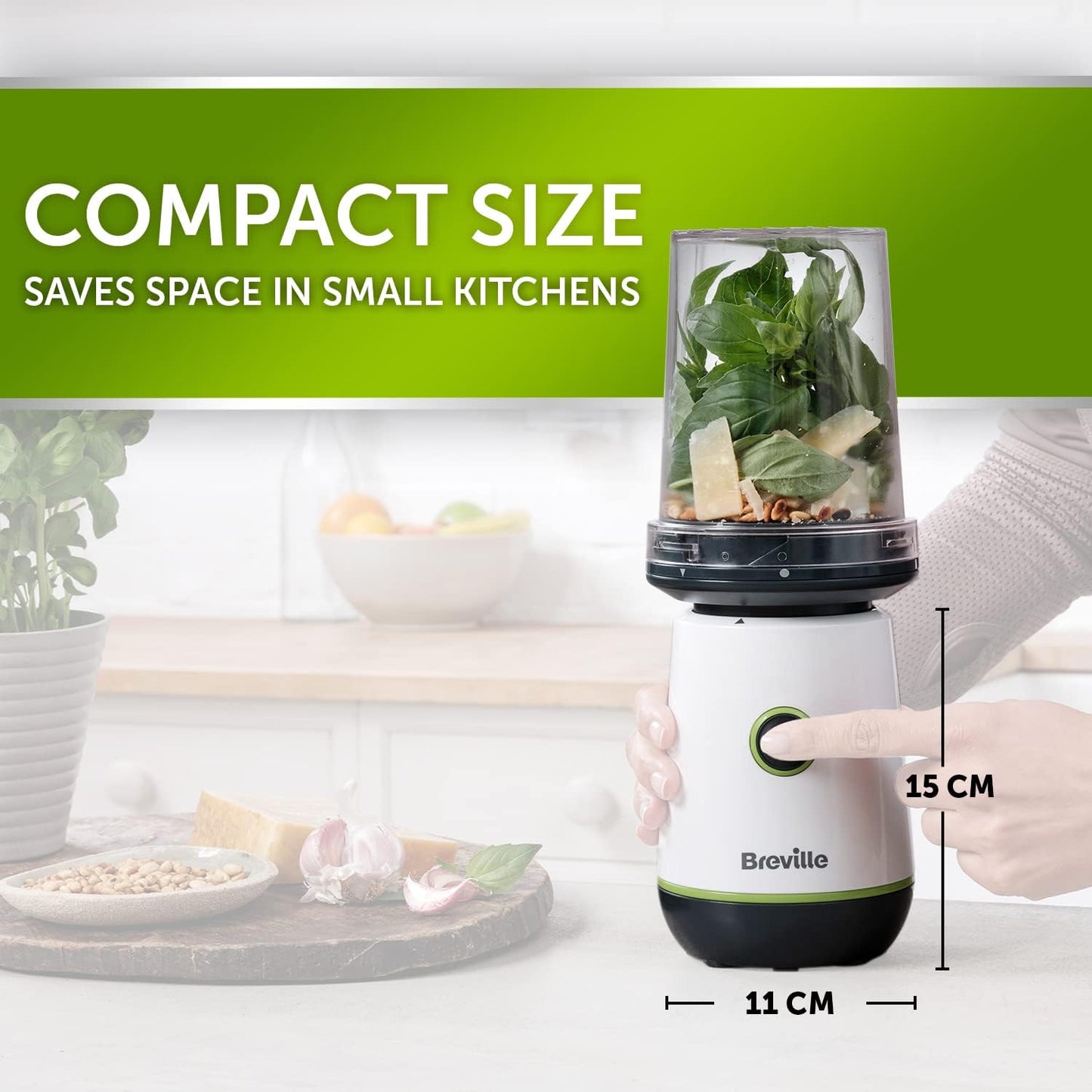 Blend Active Compact Food Processor and Smoothie Maker | 350W | Processor Bowl (450Ml) & Portable Blending Bottle (600Ml) | Leak Proof Lid | White & Green [VBL253]