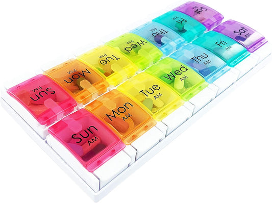 Weekly Pill Box Organiser/Reminder for Medicines Supplements, Vitamins, 7Days, 2 Compartments per Day