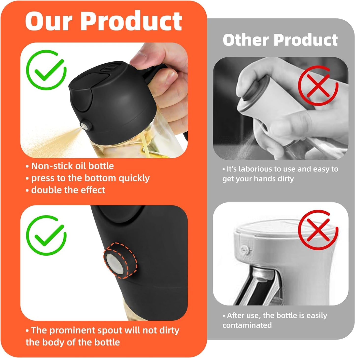 16Oz Olive Oil Spray Bottle - 2 in 1 Olive Oil Dispenser Bottle for Kitchen Accessories - Kitchen Gadgets, for Air Fryer - Black