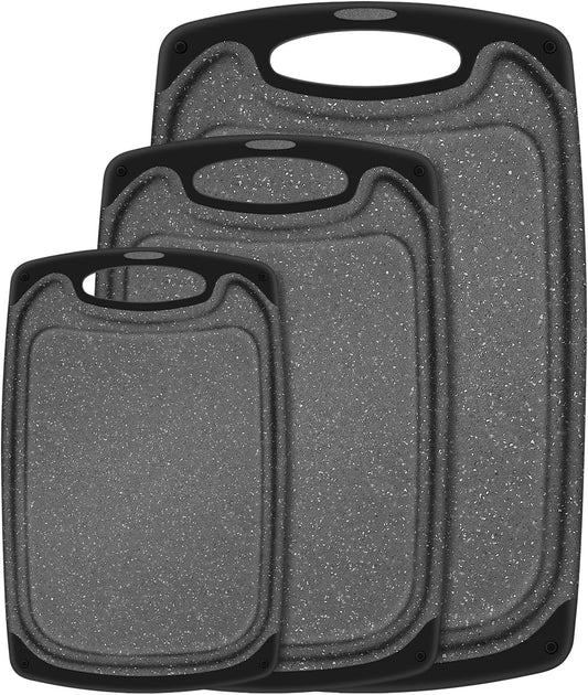 Chopping Board Set of 3, Small to Large, Chopping Boards for Kitchens with Non-Slip Feet and Deep Drip Juice Groove, Easy Grip Handle, BPA Free, Dishwasher Safe Cutting Board (Black)