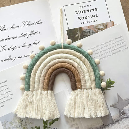 Rainbow Macrame Wall Hanging Decorations for Nursery Décor, Kids Bedroom Woven Tassel for Girls& Boys, Handmade Playroom Cotton Accessories for Baby Toddler Room (Beige)