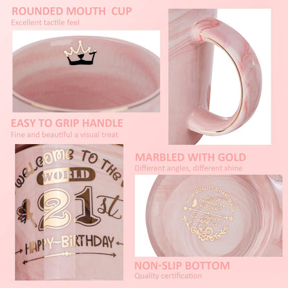 21St Birthday Gifts for Her Keepsake, 14Oz Lovely Pink Marble Ceramic Cup Printed with Gold, Lid, Spoon, Greeting Card, Happy 21St Bday Mug Present for Daughter, Girl, Sister, Niece, Gift Boxed